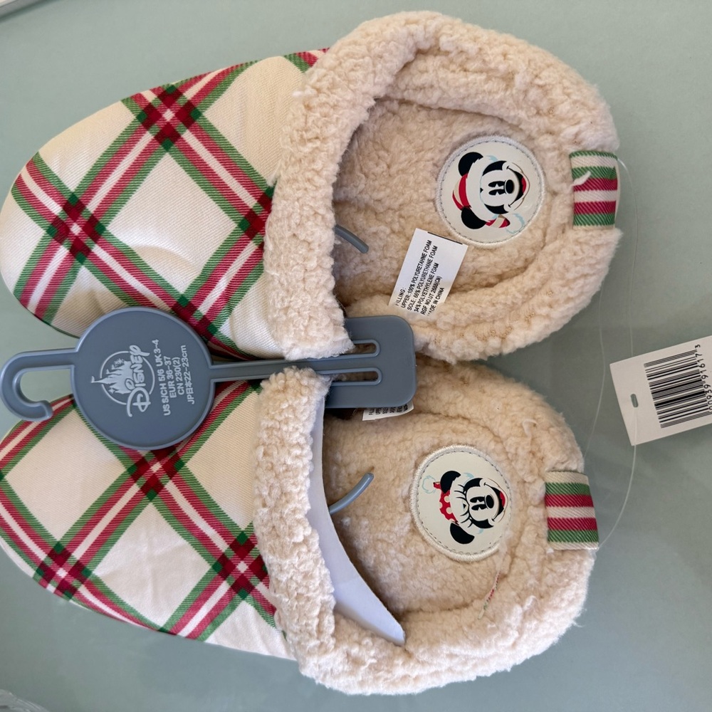 Disney Cream and Red Plaid Slippers with Mickey Embroidery